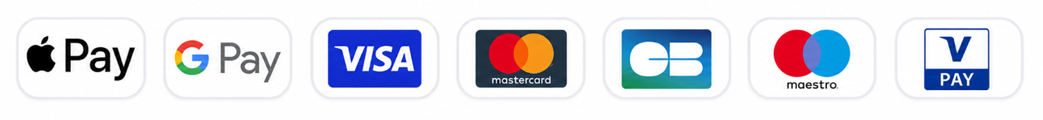 Apple Pay, Google Pay, Visa, Mastercard, Maestro